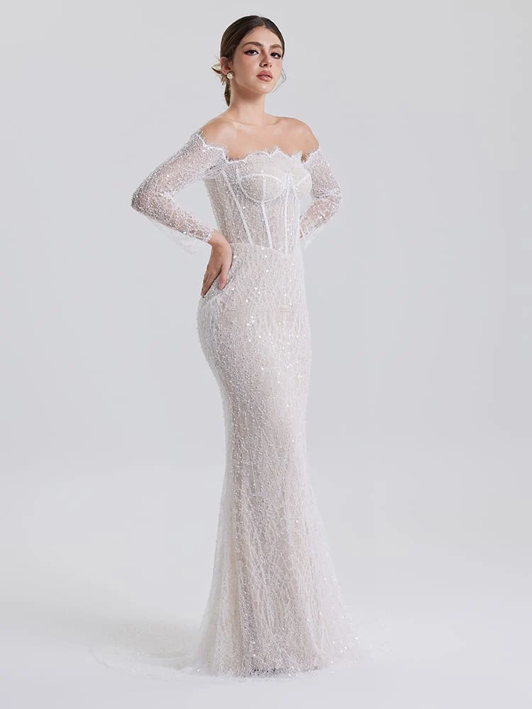 Seren: Off-the-shoulder corset lace with delicate long sleeves, front view
