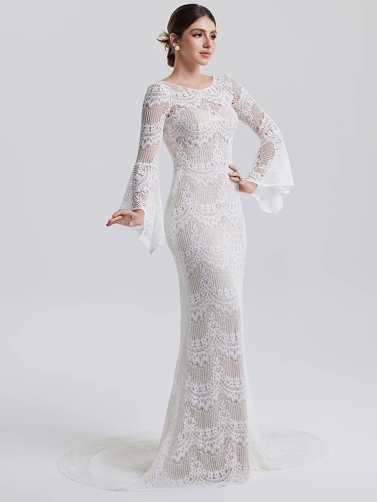 Estelle: Bohemian lace and softly flared statement cuffs, front view