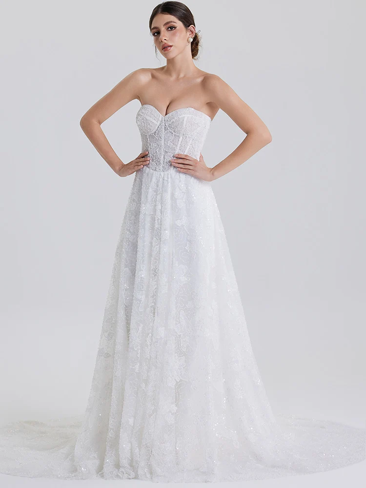 Juliette: Beaded corset bodice and luminous A-line skirt, front view