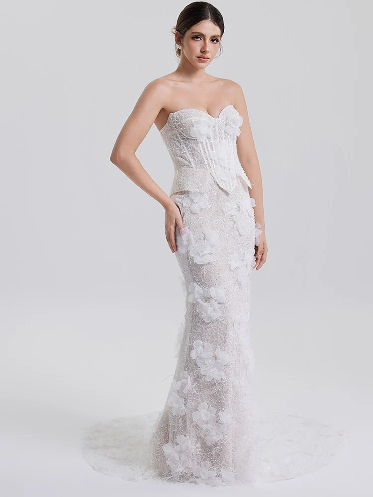 Fleur: Strapless corsetry with dimensional floral appliqué, front view