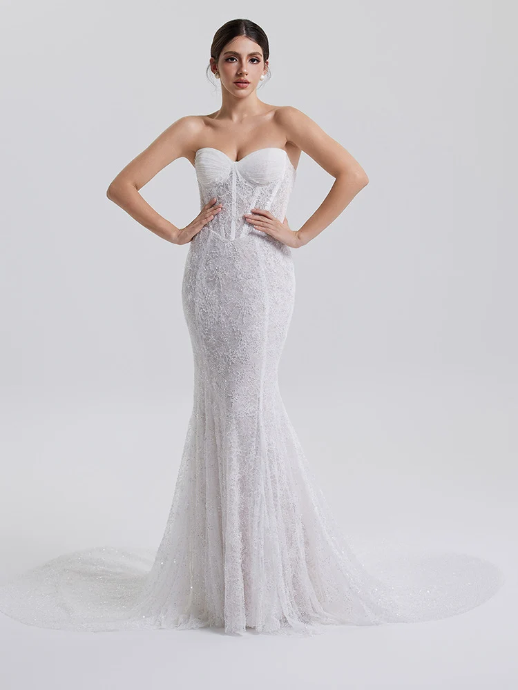 Lumière: Strapless shimmer lace with a sweeping silhouette, front view