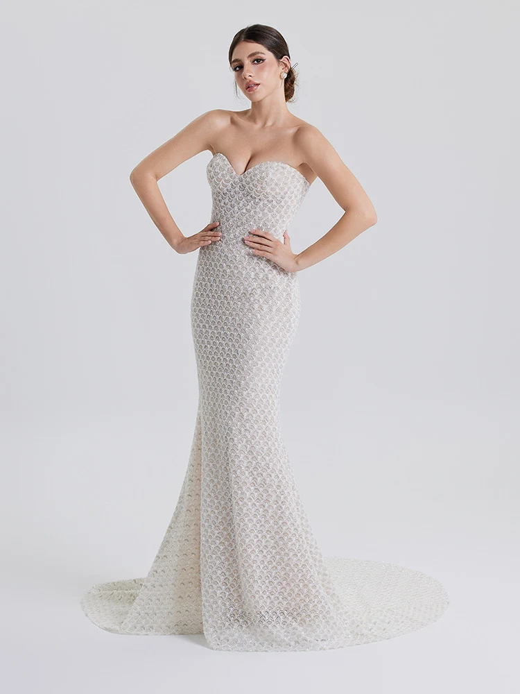 Odessa: Strapless sculpted gown with geometric beadwork, front view