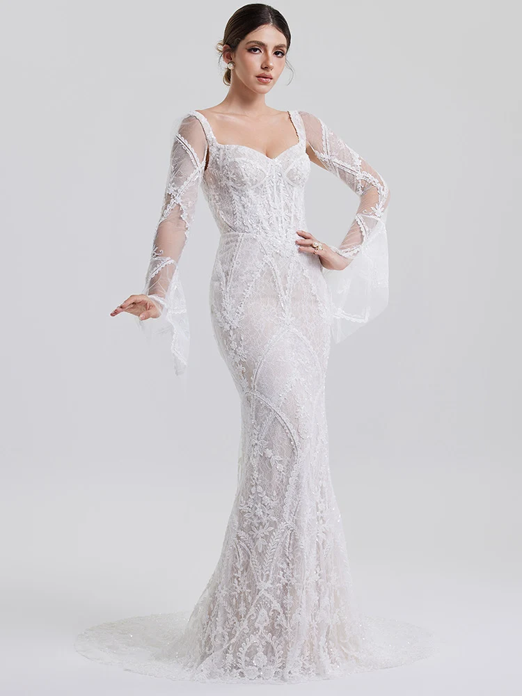 Céleste: Romantic lace with sheer statement sleeves, front view