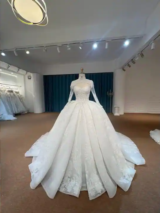 Célestine: Embroidered ballgown presented with high-neck transparent lace and long sleeves, front view