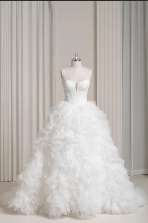 Isadora: Dramatic ruffle tulle-like ballgown, front view