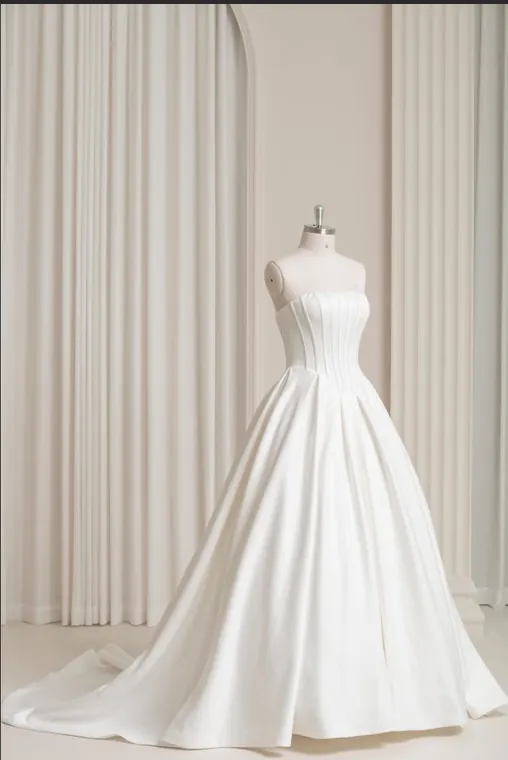 Margaux: Architectural pleated strapless ballgown with a satin/Mikado-like appearance, front view