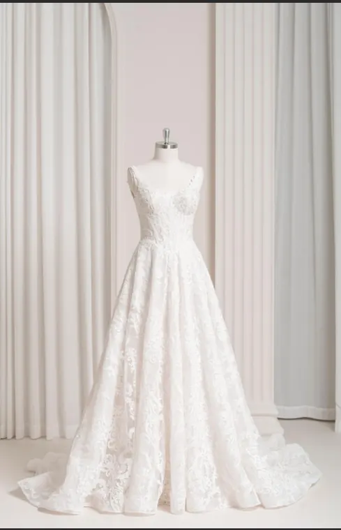 Vivienne: Floral lace strapped A-line gown, front view