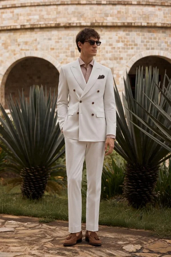 First Light: Ivory double-breasted daytime suit with rose shirt, editorial inspiration reference photograph