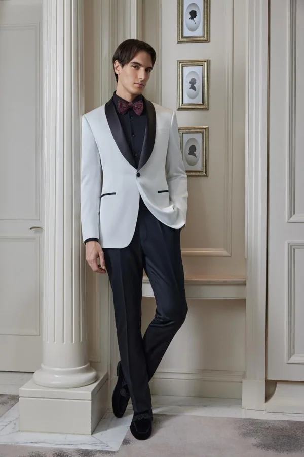 Velvet Hour: White dinner jacket, black shawl lapel and burgundy bow, editorial inspiration reference photograph