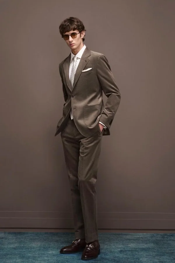Terra Vow: Brown/taupe single-breasted business-suit wedding option, editorial inspiration reference photograph