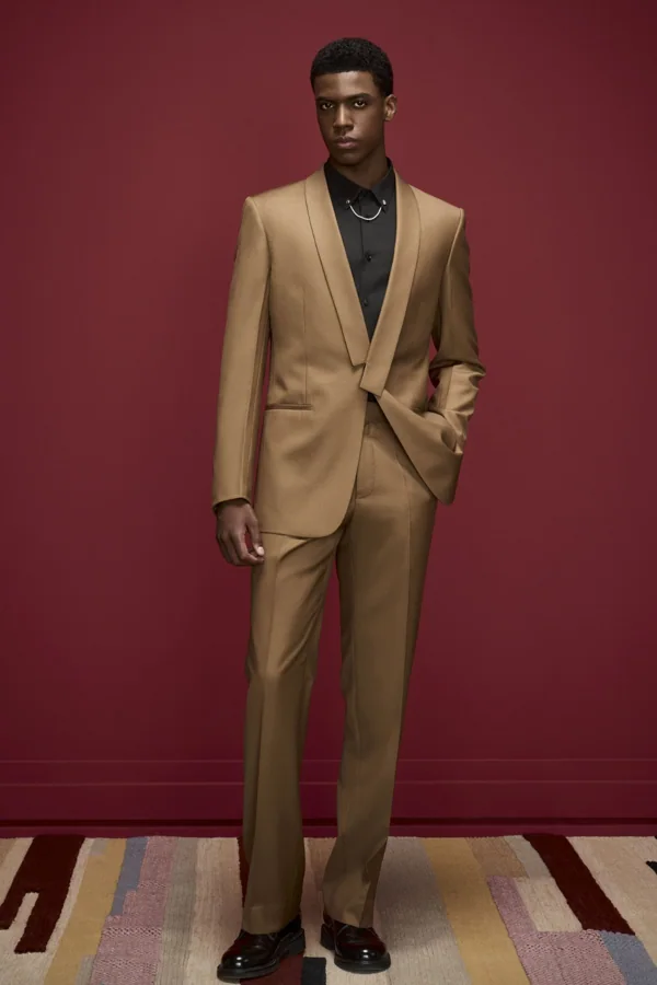 Dune Prelude: Camel fashion suit with black shirt, editorial inspiration reference photograph