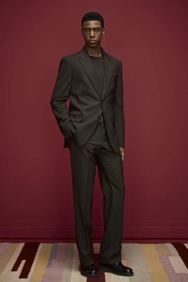 Charcoal Verse: Charcoal fashion suit with black crewneck, editorial inspiration reference photograph