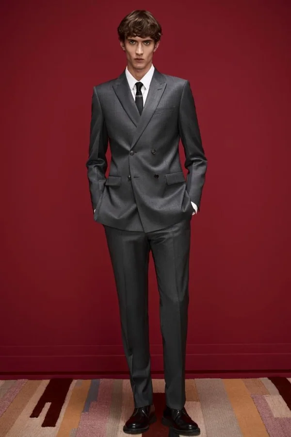 Graphite Poise: Graphite double-breasted suit with black tie, editorial inspiration reference photograph
